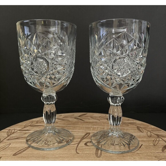 Vtg Libbey Hobstar Star of David 7 1/4" Water Wine Goblets 12oz Glasses Lot of 2 - Picture 1 of 7